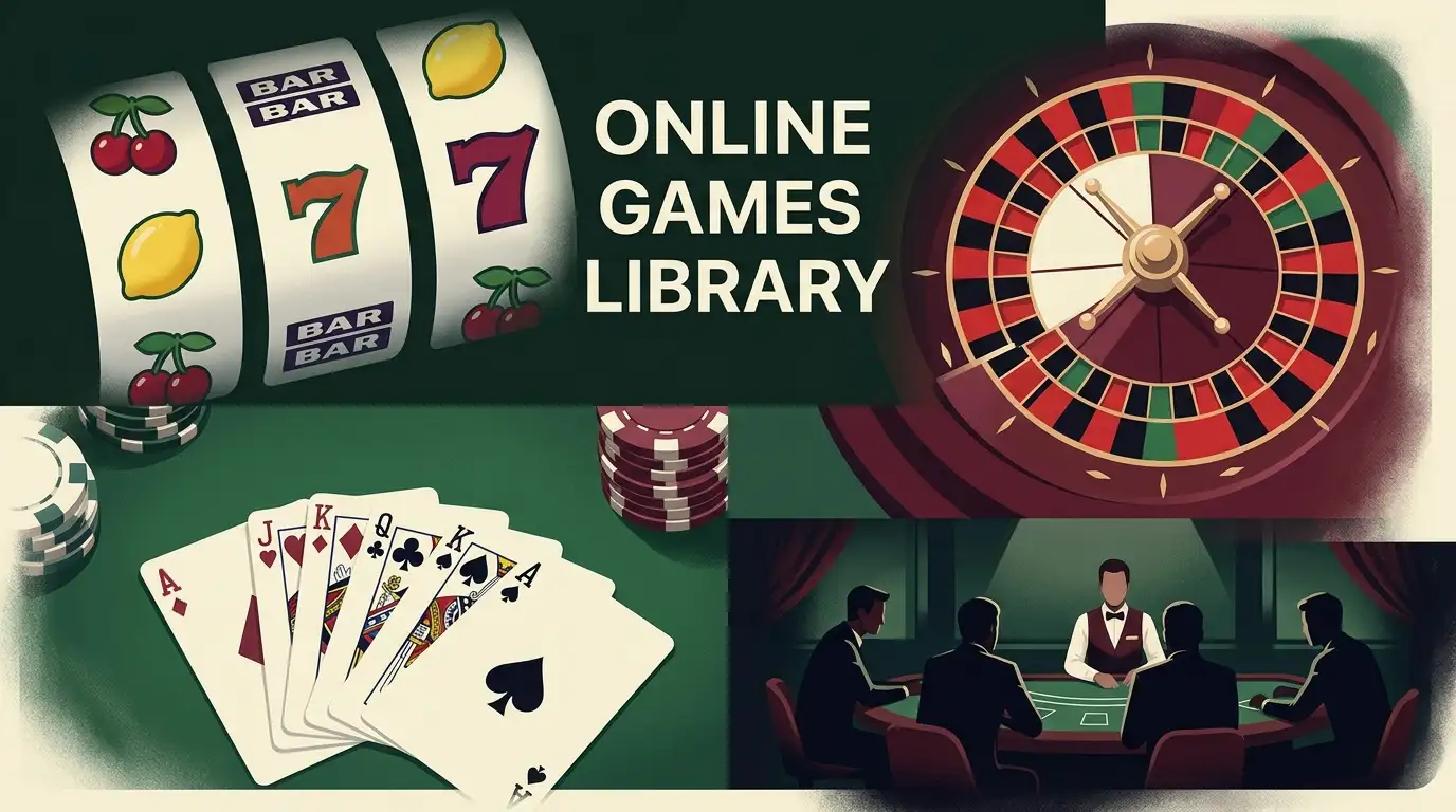 Editorial casino games collage with slots, roulette and blackjack