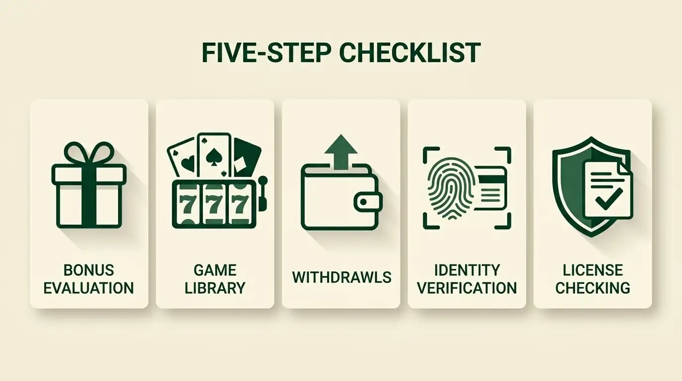 Editorial checklist covering bonuses, games, withdrawals, verification and licensing