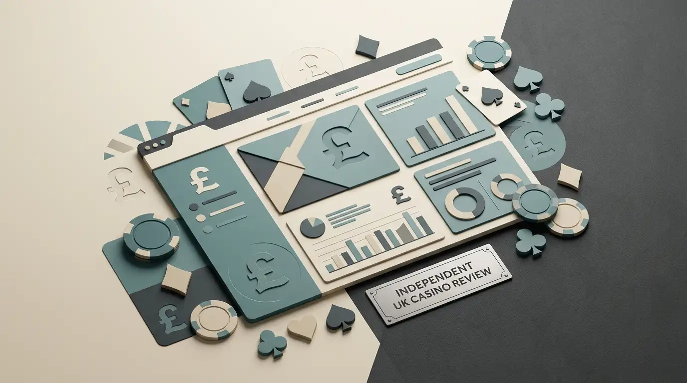 Editorial illustration of a UK online casino review with GBP and casino motifs