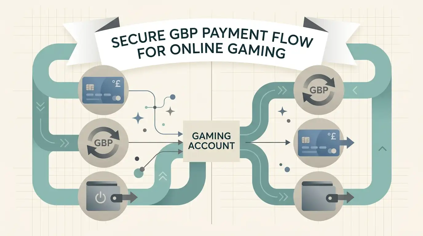 GBP payment and withdrawal illustration with card, bank and wallet motifs