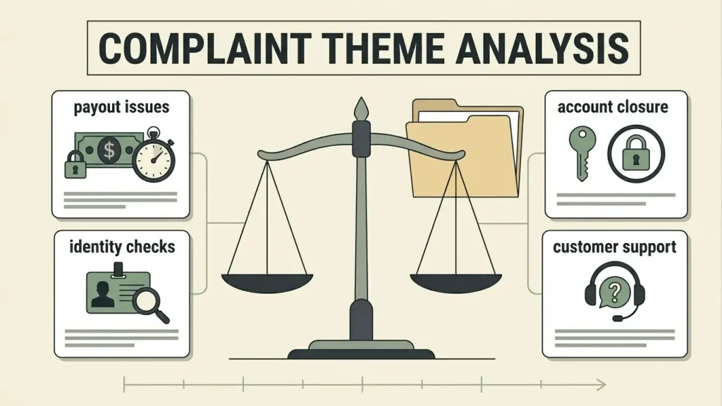 Editorial illustration grouping complaint themes and evidence strength