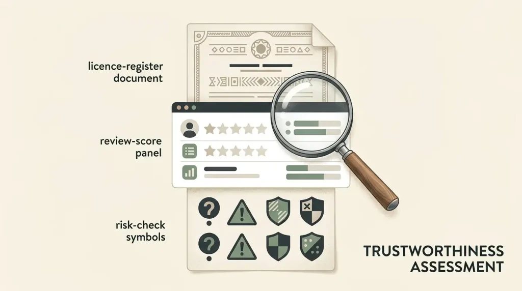 Editorial illustration of a licence register, review signals and risk checks