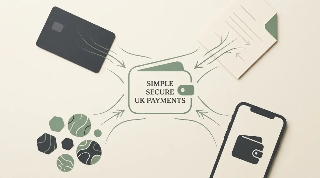 Editorial illustration of GBP casino payment routes including card, bank, mobile wallet and crypto concepts