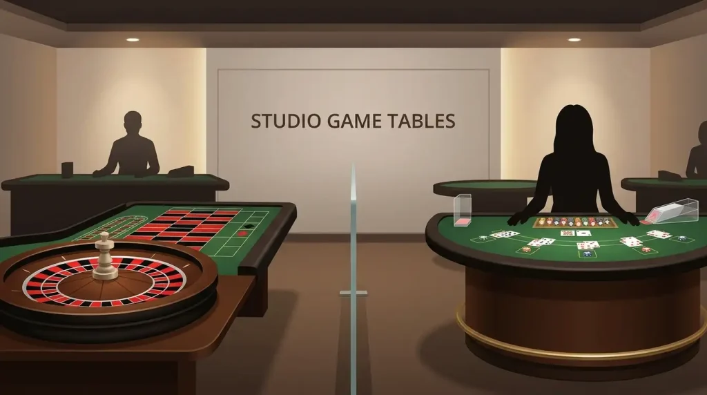 Editorial illustration of live roulette and blackjack dealer tables