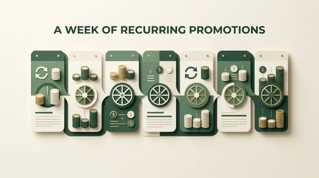 Editorial weekly calendar illustration representing recurring casino promotions