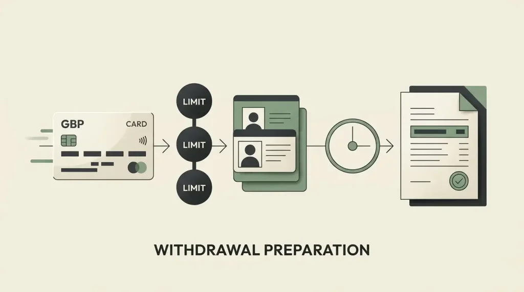 Editorial withdrawal checklist illustration with GBP limits, identity verification and timeline symbols