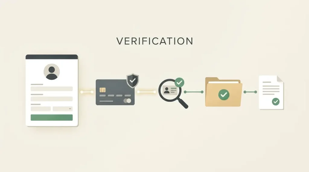 Illustration of an account verification workflow with profile, payment and identity-check steps